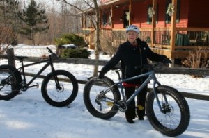 Innkeeper Sandra is displaying the new fat tire bikes.  In truth, this is as close as she will ever come to actually riding one!