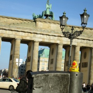 a-Rubber Duckie in front of a famous gagte