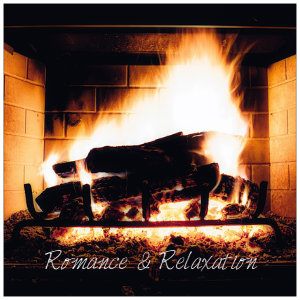 A roaring orange and yellow fire in a fireplace with text Romance & Relaxation